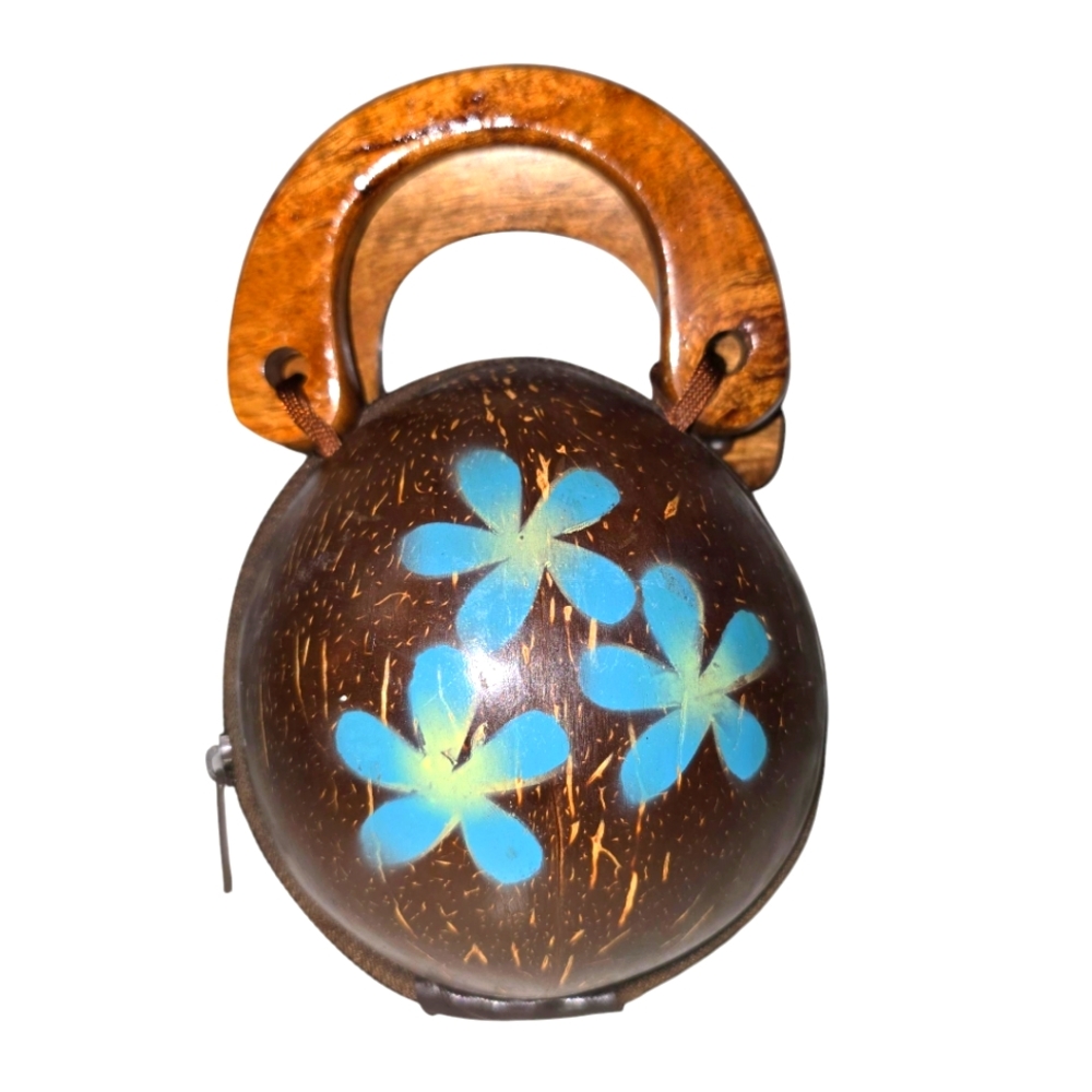 ViNTAGE • Y2K• Brown Handmade Coconut Shell Handbag with Blue Floral Design